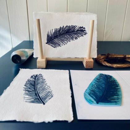 Navy pine leaf lino print