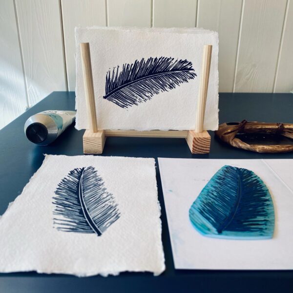 Navy pine leaf lino print