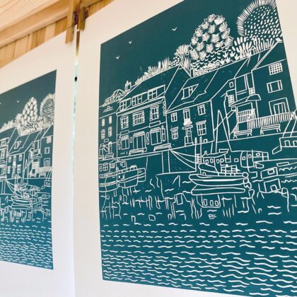 Padstow lino cut print sea green drying