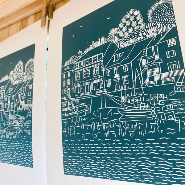 Padstow lino cut print sea green drying