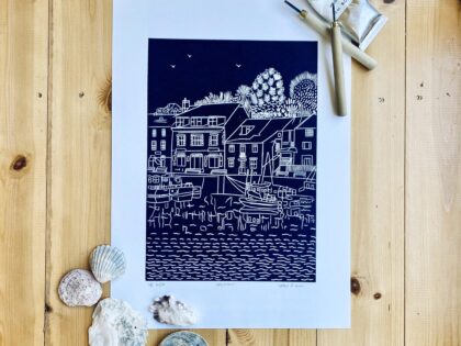 Padstow linocut print navy prussian blue