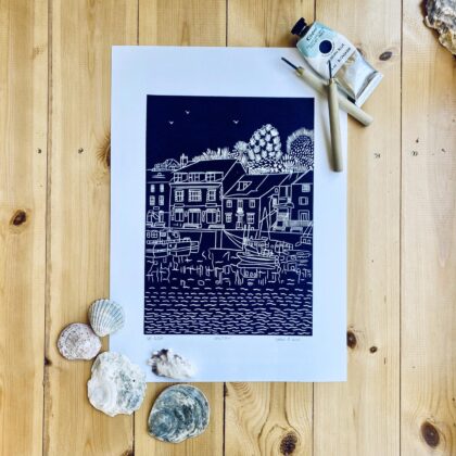 Padstow linocut print navy prussian blue