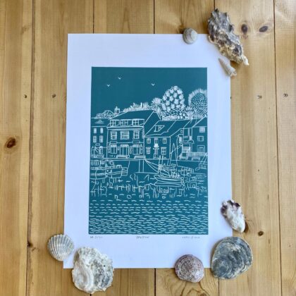 Padstow linocut print sea green unframed