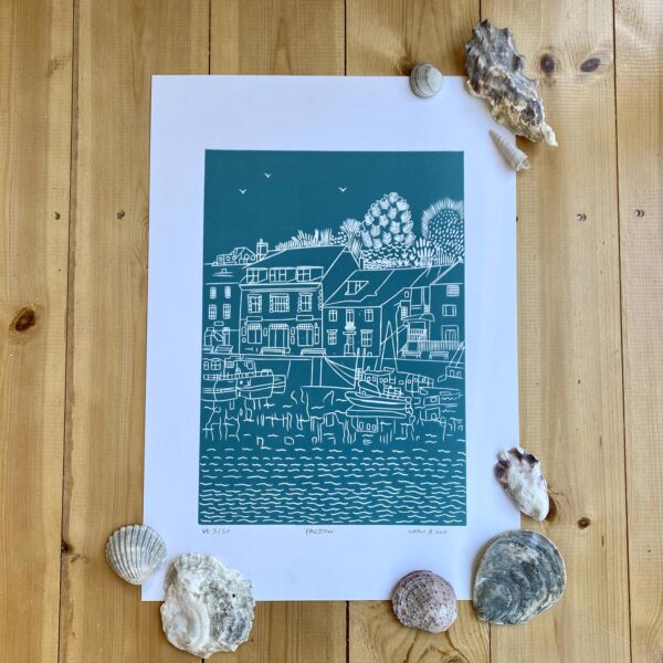 Padstow linocut print sea green unframed