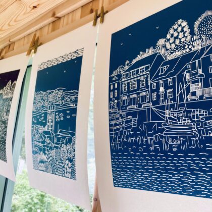 Padstow mid blue linocut drying