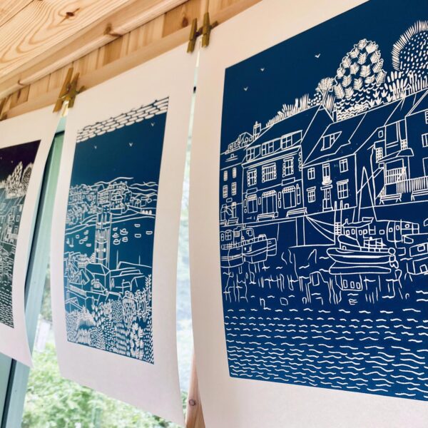 Padstow mid blue linocut drying