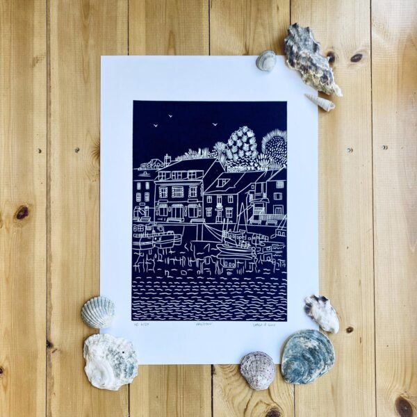 Padstow navy lino cut print