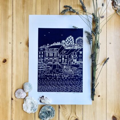 Padstow navy linocut print unframed