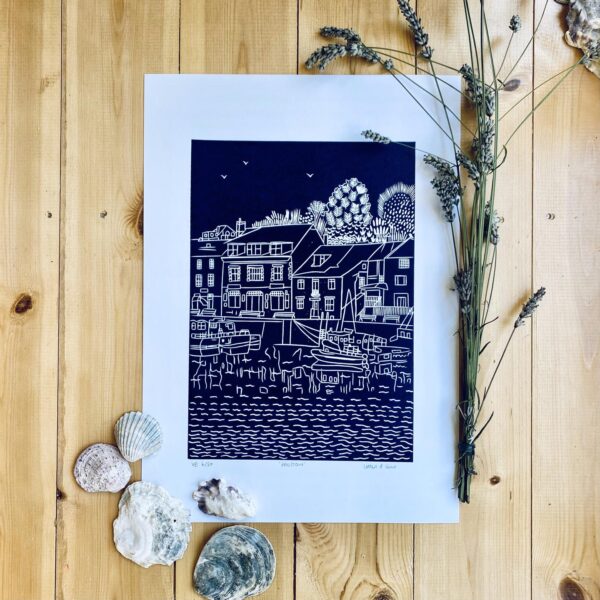 Padstow navy linocut print unframed