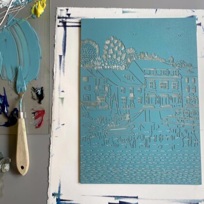 Padstow sea green inked lino block