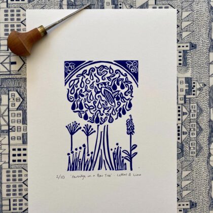 Partridge in a pear tree a4 blue lino cut print