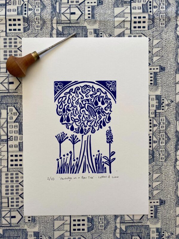 Partridge in a pear tree a4 blue lino cut print