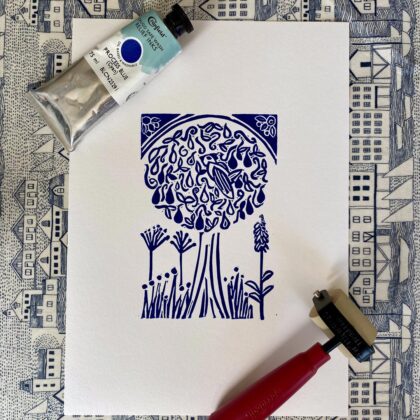 Partridge in a pear tree a4 blue linocut print roller ink