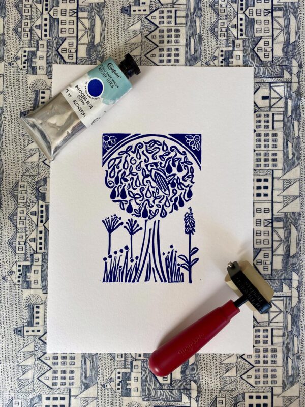 Partridge in a pear tree a4 blue linocut print roller ink