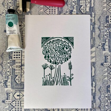 Partridge in a pear tree a4 green linocut print roller ink