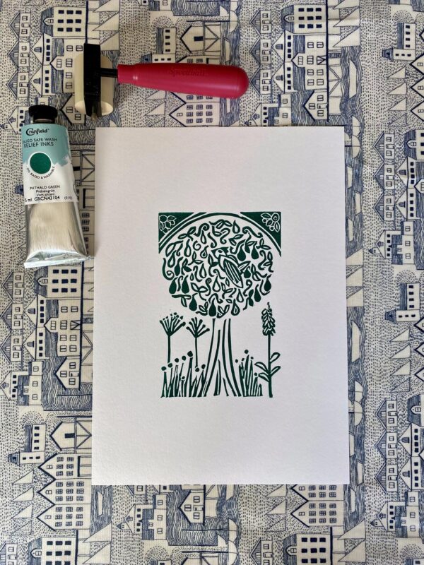 Partridge in a pear tree a4 green linocut print roller ink