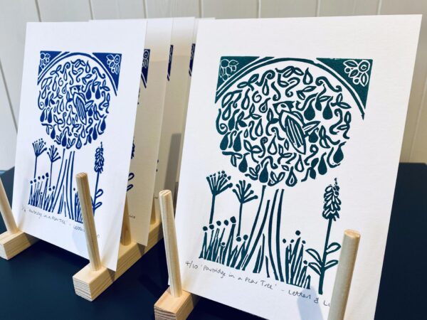 Partridge in a pear tree a5 blue green linocuts