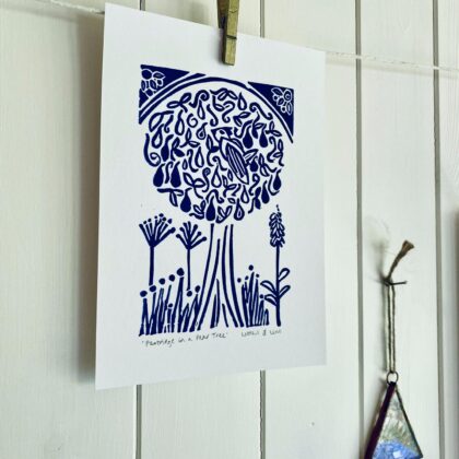 Partridge in a pear tree a5 blue lino cut print hanging