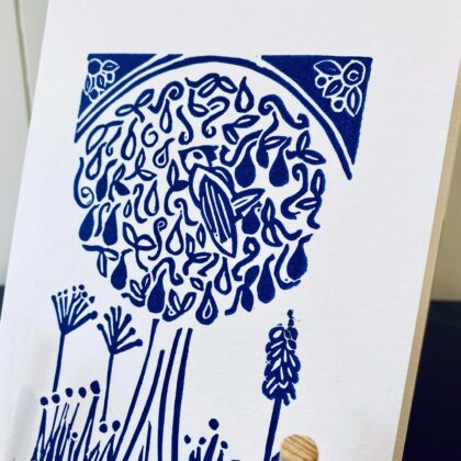 Partridge in a pear tree a5 blue linoprint drying