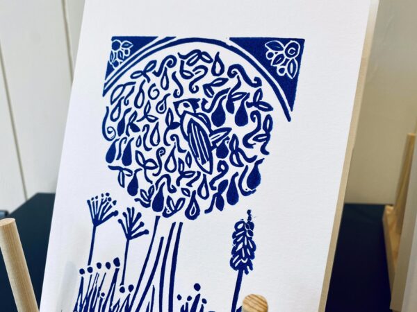 Partridge in a pear tree a5 blue linoprint drying