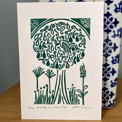 Partridge in a pear tree a5 green lino cut print