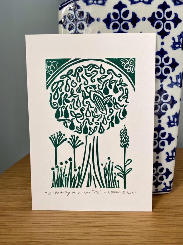 Partridge in a pear tree a5 green lino cut print