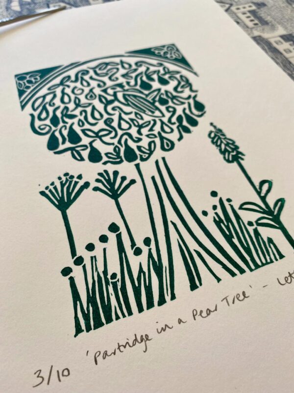 Partridge in a pear tree a5 green lino cut print close up