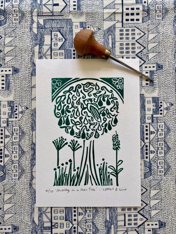 Partridge in a pear tree a5 green linocut print carving tool