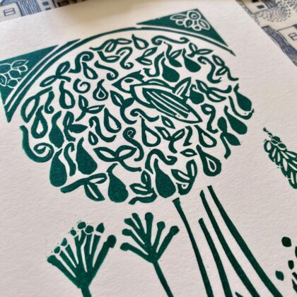 Partridge in a pear tree a5 green linocut print detail