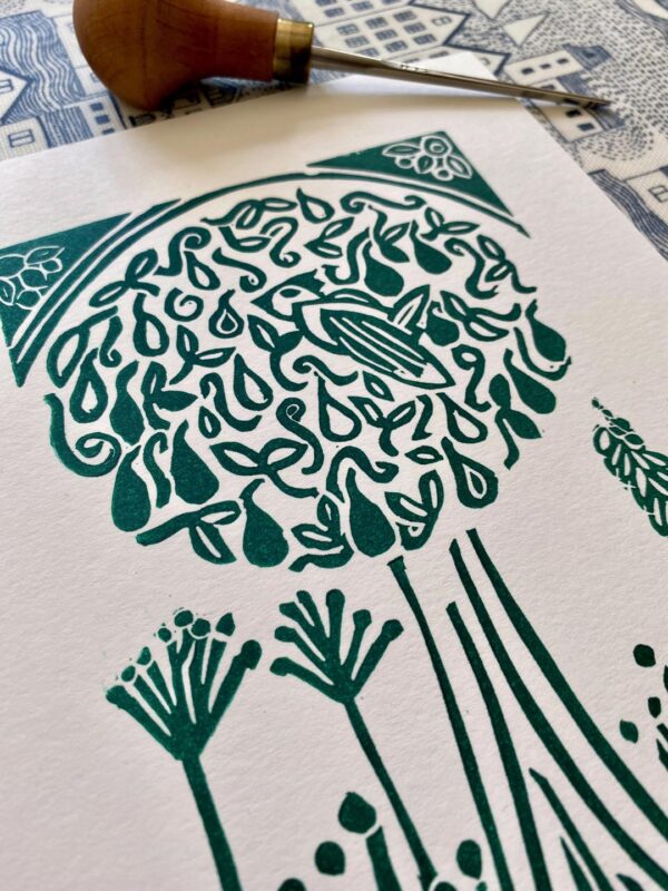 Partridge in a pear tree a5 green linocut print detail