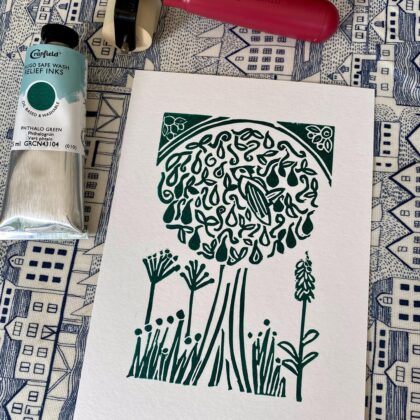 Partridge in a pear tree a5 green roller and ink