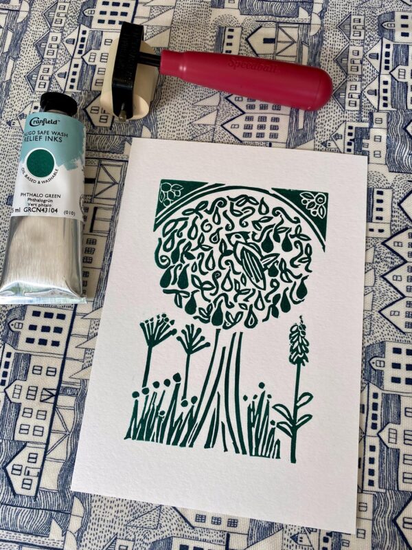 Partridge in a pear tree a5 green roller and ink