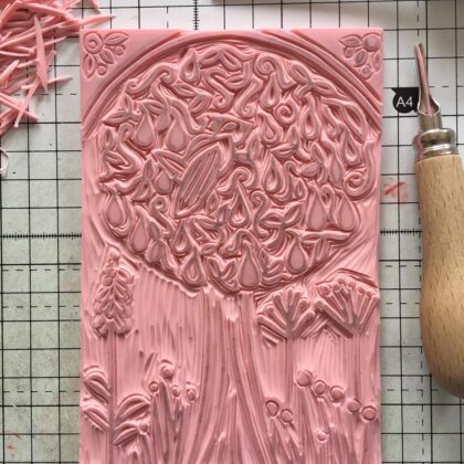 Partridge in a pear tree carved lino block