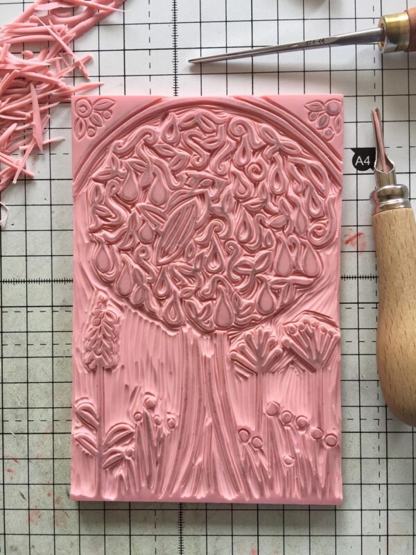 Partridge in a pear tree carved lino block