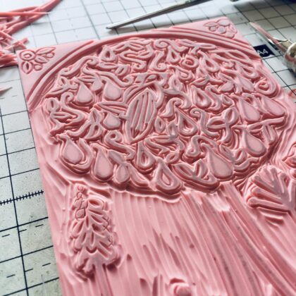 Partridge in a pear tree carved lino block detail
