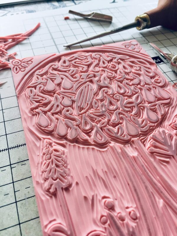 Partridge in a pear tree carved lino block detail