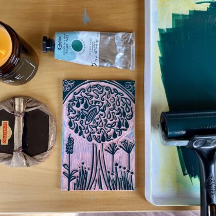 Partridge in a pear tree inked block green roller