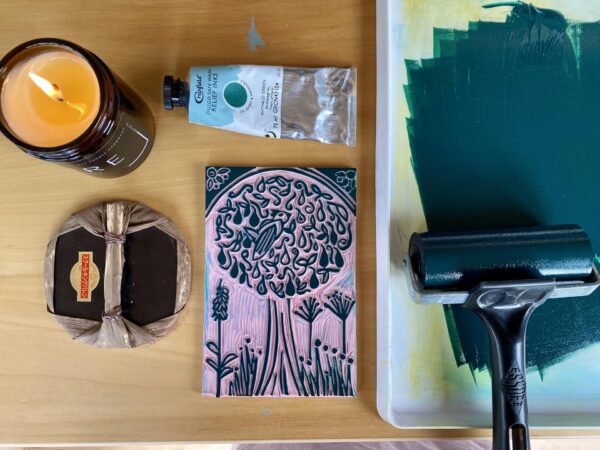 Partridge in a pear tree inked block green roller