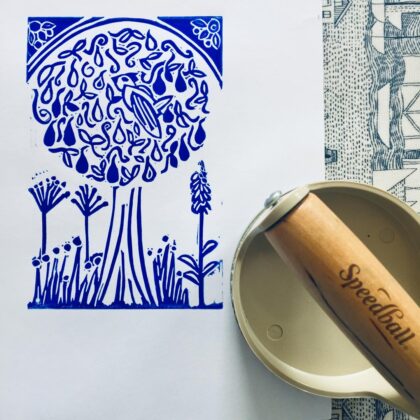 Partridge in a pear tree lino print a4 blue baren