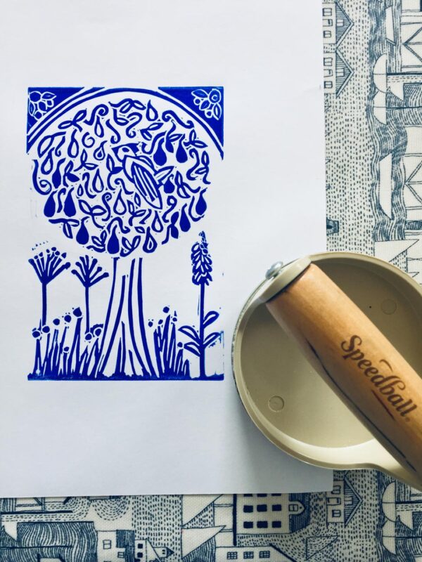 Partridge in a pear tree lino print a4 blue baren