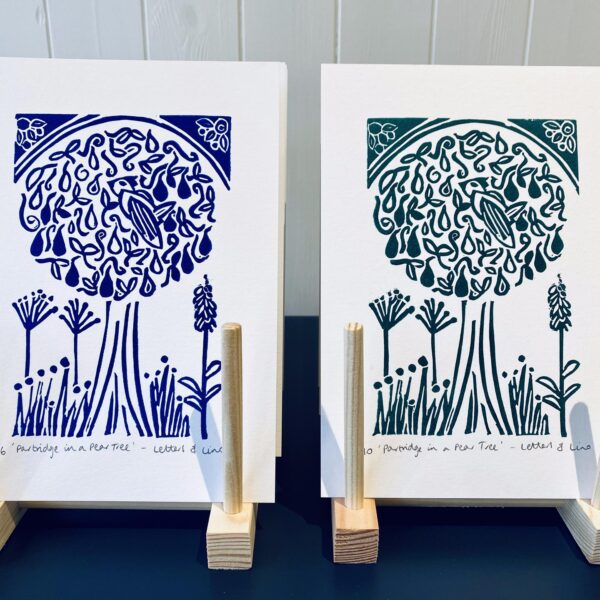 Partridge in a pear tree lino prints drying