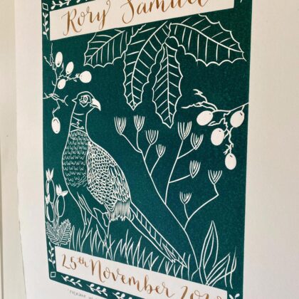 Personalised calligraphy name linocut print pheasant in autumn