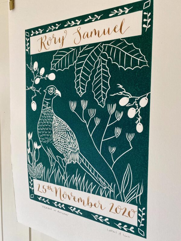 Personalised calligraphy name linocut print pheasant in autumn