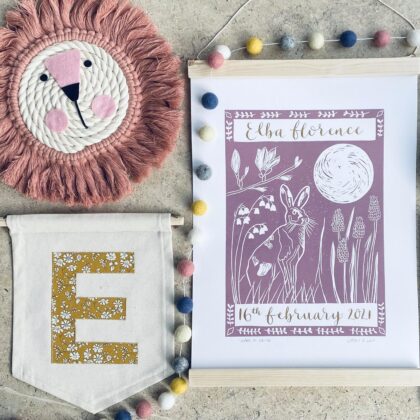 Personalised hare in spring linocut print calligraphy