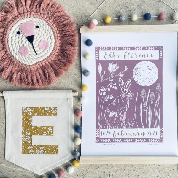 Personalised hare in spring linocut print calligraphy