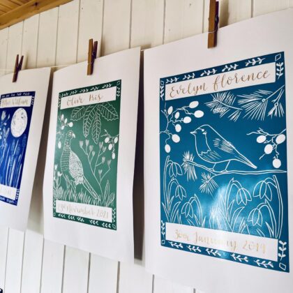 Personalised prints birthday linocut calligraphy