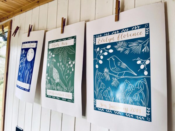 Personalised prints birthday linocut calligraphy