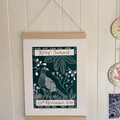 Pheasant in autumn forest green framed linocut print