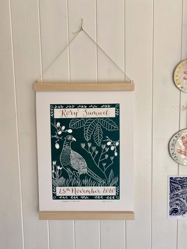 Pheasant in autumn forest green framed linocut print