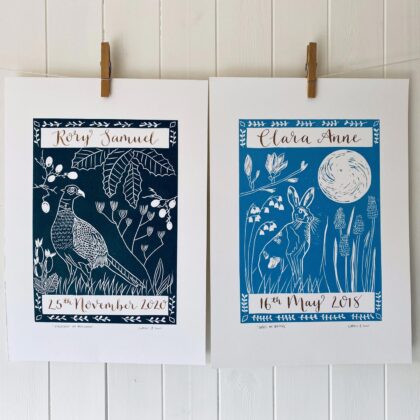 Pheasant in autumn hare in spring personalised calligraphy linocut prints